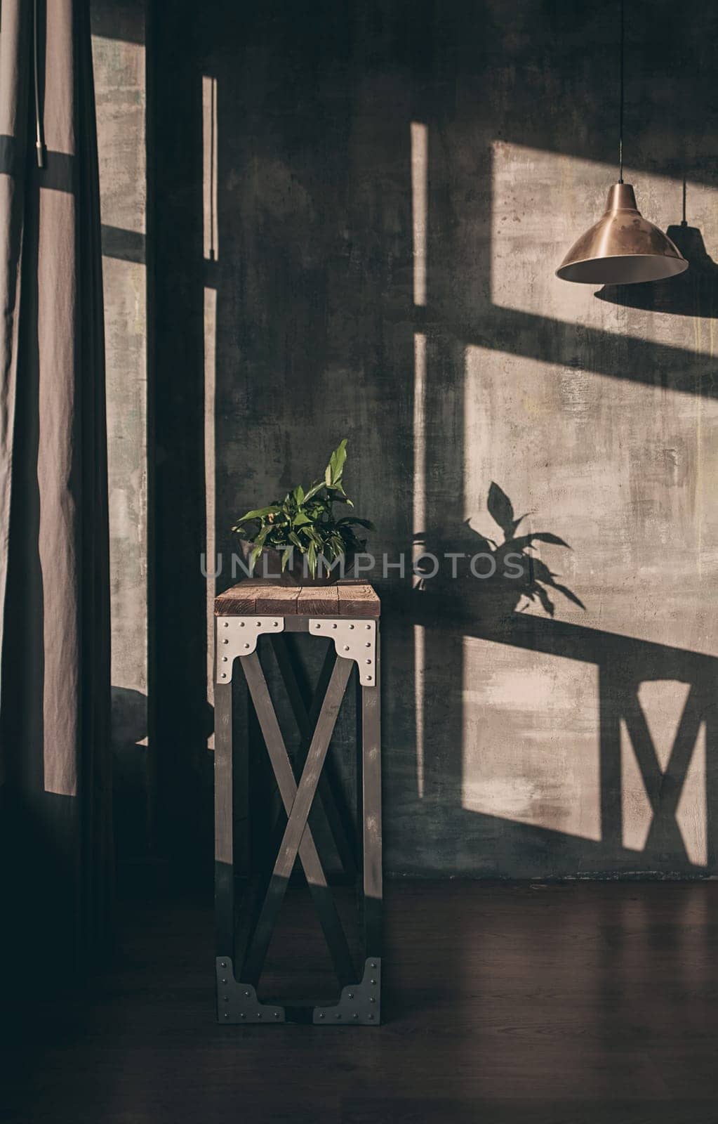 rough loft interior with vintage lamp. light and shadow on the walls