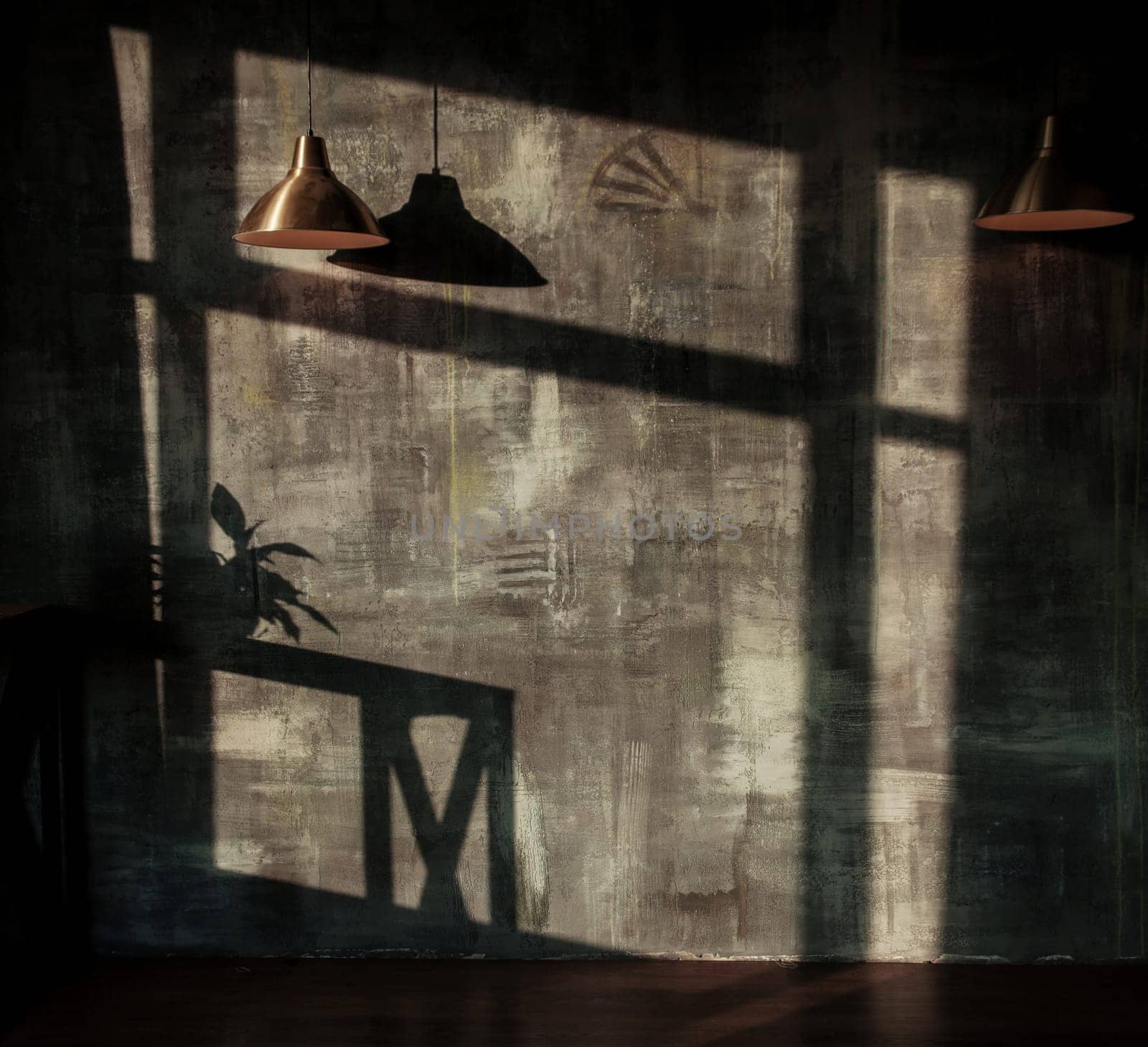 dark loft interior with shadows on the wall