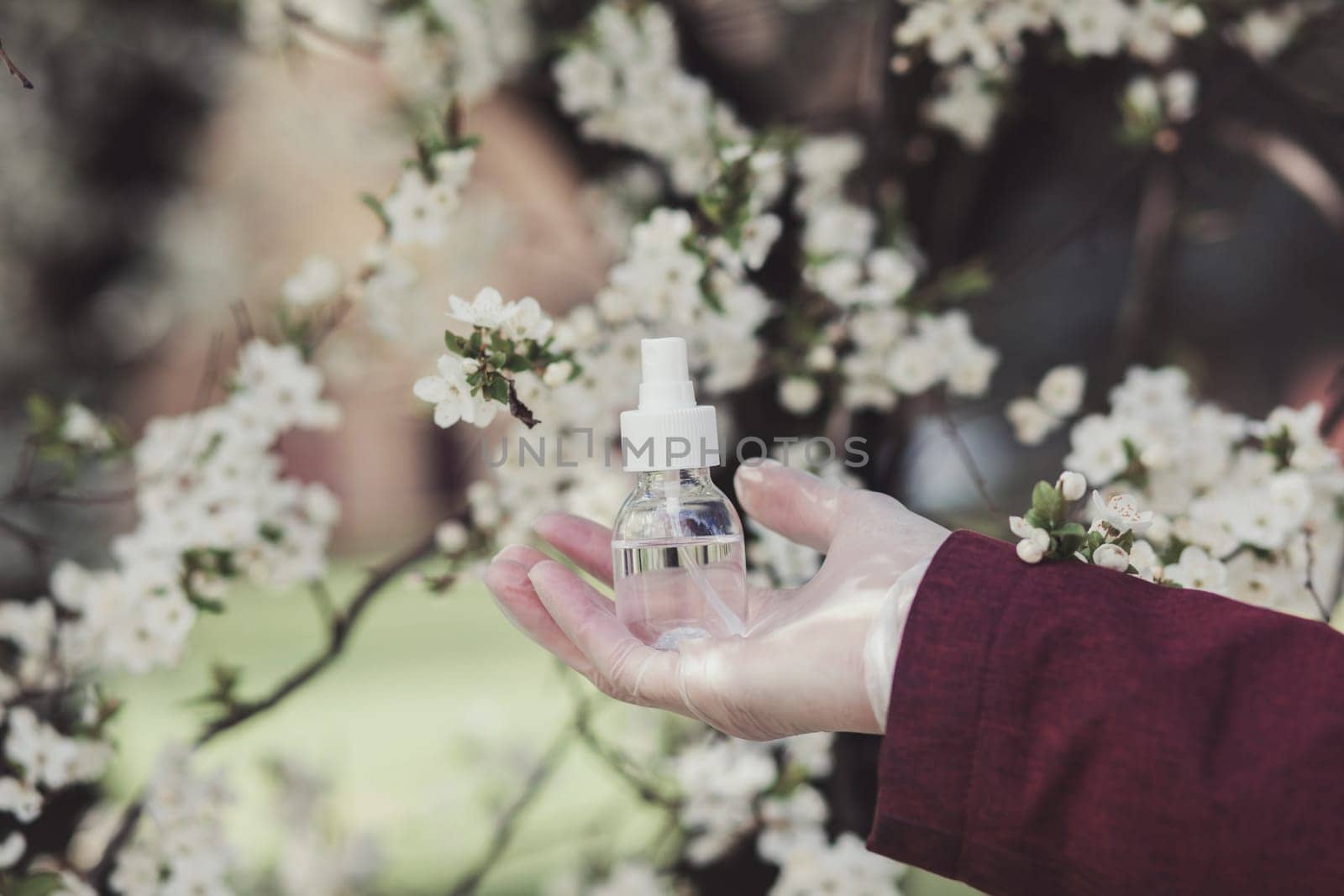 Hand sanitizer dispenser, infection control concept. Sanitizer to prevent Coronavirus or Covid-19, flu. Spray bottle. Alcohol spray on blooming trees background