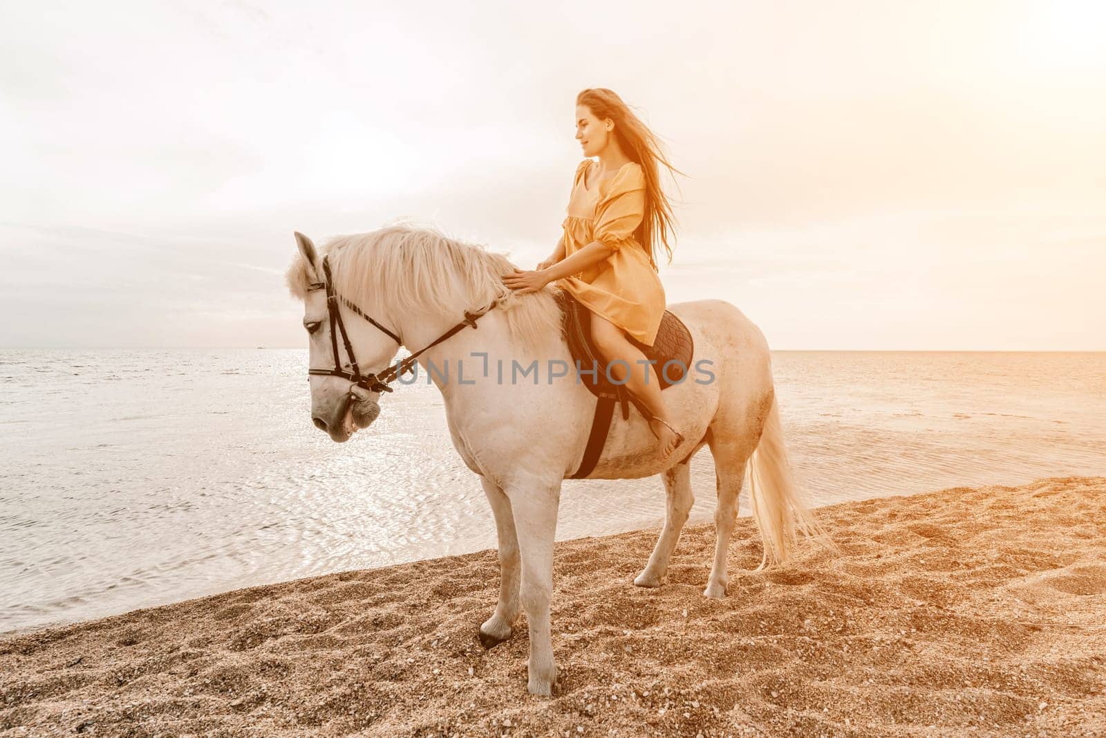 A white horse and a woman in a dress stand on a beach, with the sky and sea creating a picturesque backdrop for the scene