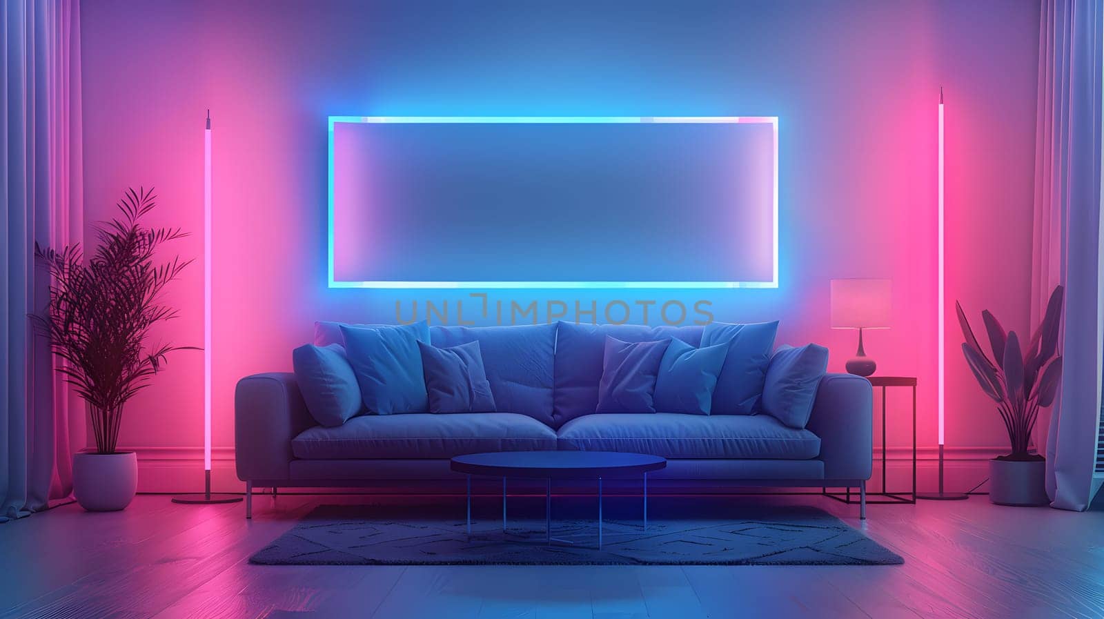 Furniture Couch, table, neon lights in a purple living room by Nadtochiy