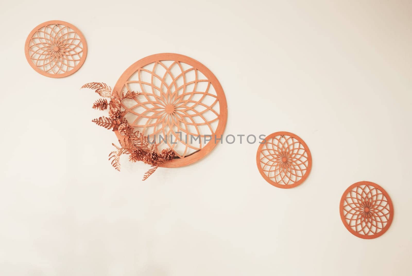 Modern minimal home interior design. decorative straw plates on wall, Scandinavian style of interior