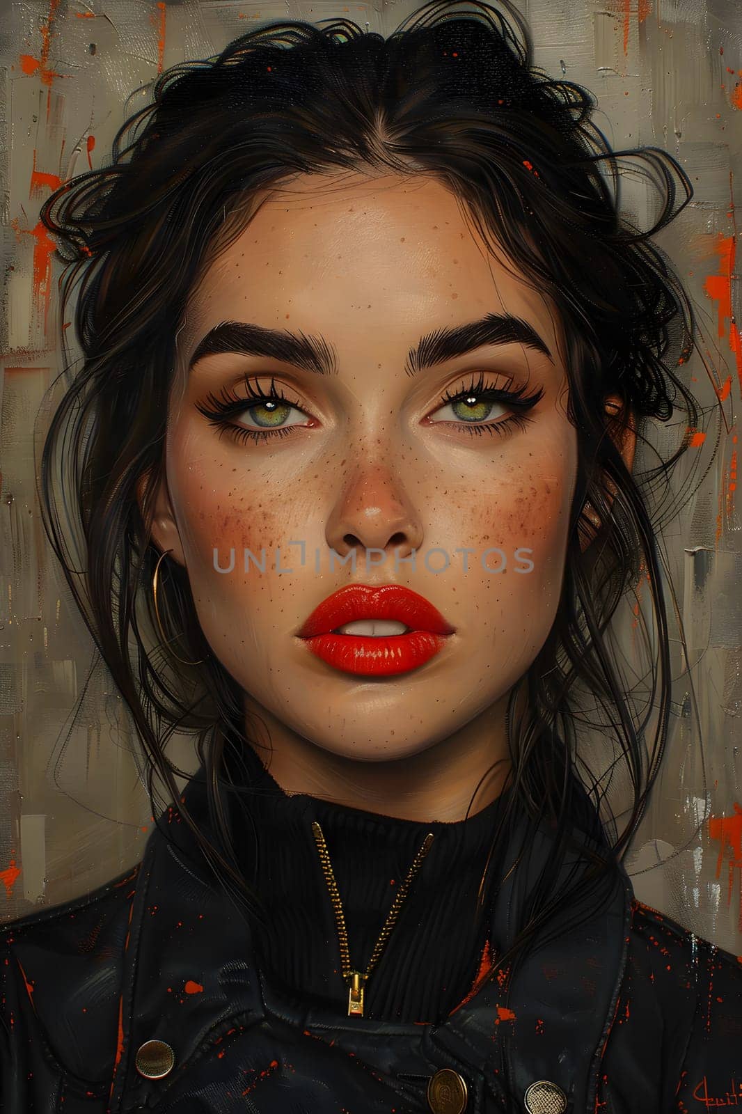 Woman in black jacket with red lipstick accentuating her lips by Nadtochiy