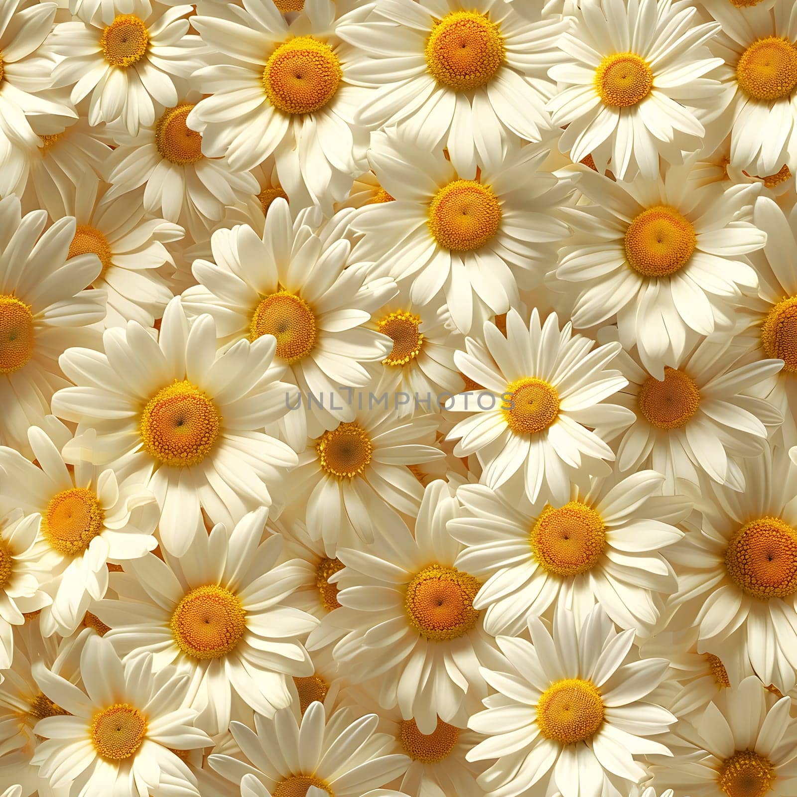 A Lot Of White Yellow Daisies or chamomile flowers - for full-frame background and seamless texture. Neural network generated image. Not based on any actual scene or pattern.