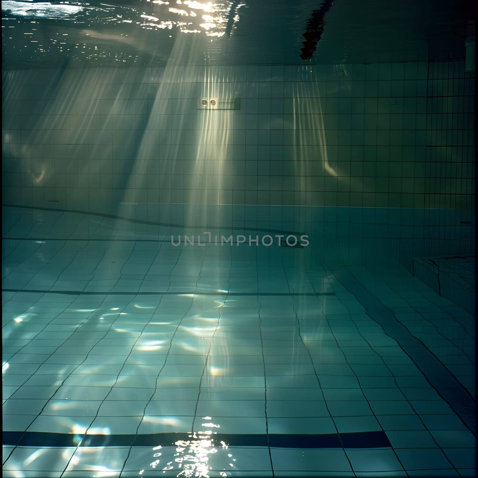 Electric blue water shimmers through the glass ceiling of the swimming pool. High quality photo