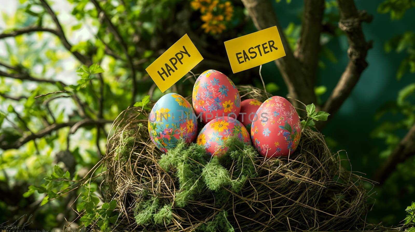 Colorful Easter Eggs Nestled in a Natural Nest With Festive Sign by chrisroll