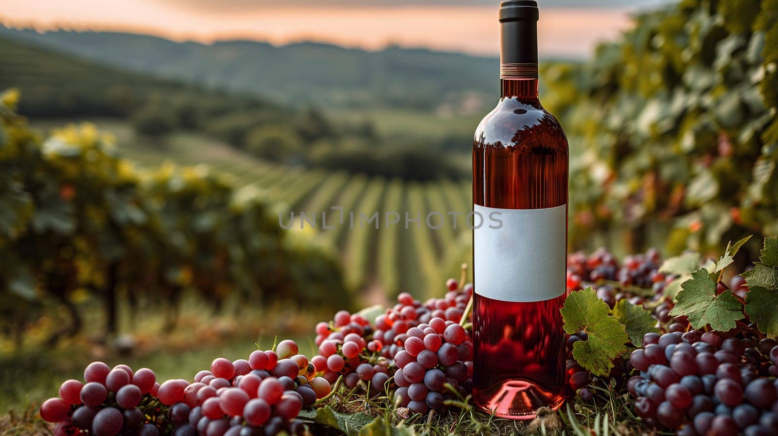 A red wine bottle in front of a landscape of grape farmland. by z1b