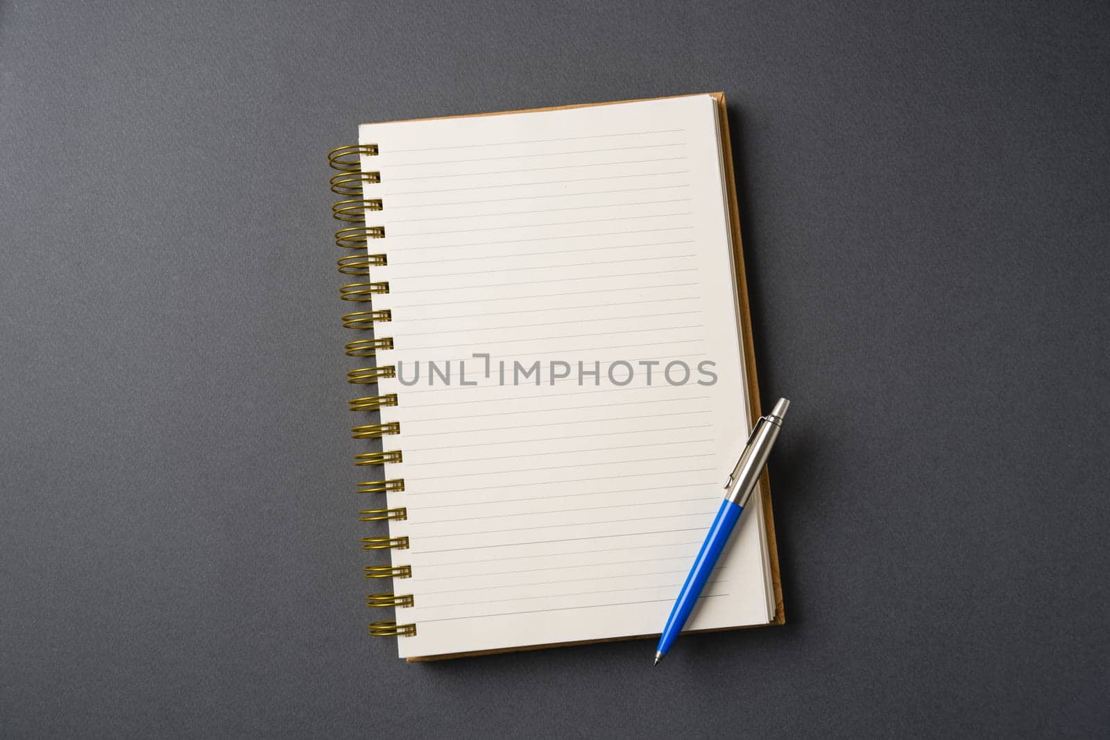 Ballpoint pen made of blue plastic and metal standing on lined notebook by Sonat