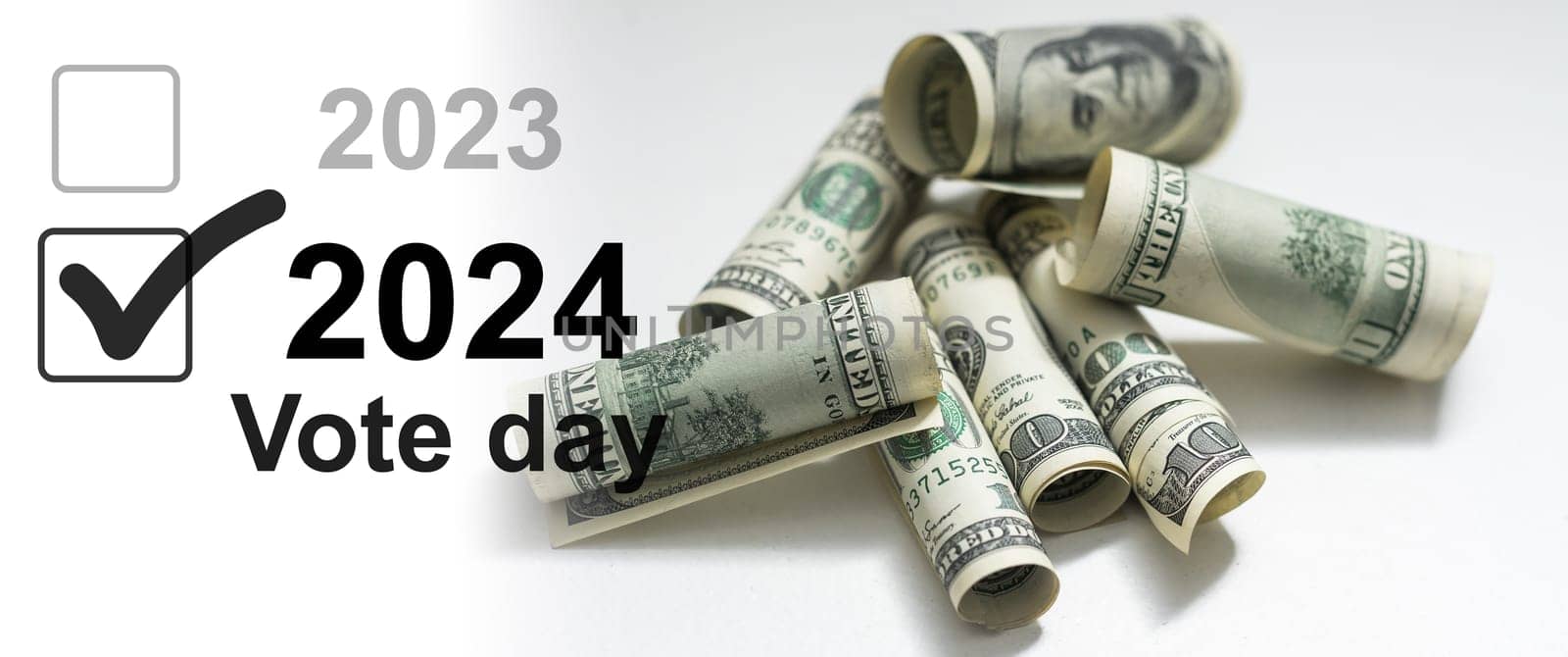 American vote concept. Ballot for presidents election 2024 and many dollar banknotes. High quality photo