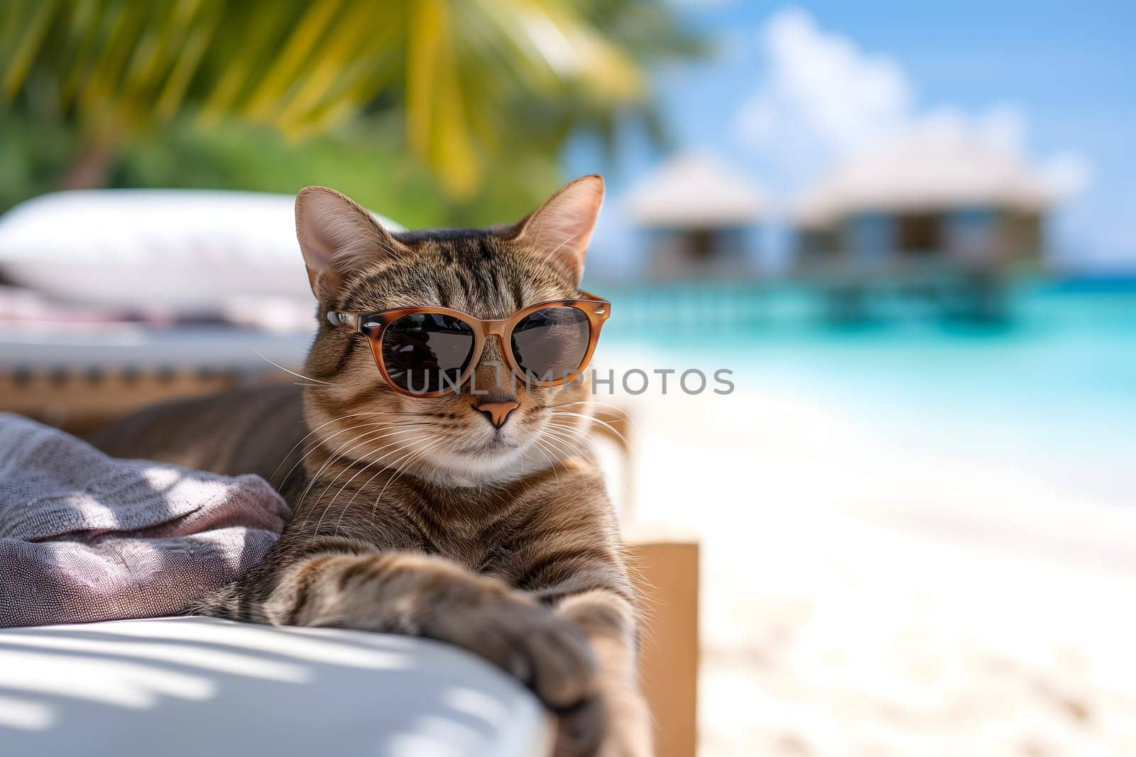 tabby cat with sunglasses laid on tropical beach, vacation theme. Neural network generated image. Not based on any actual person or scene.