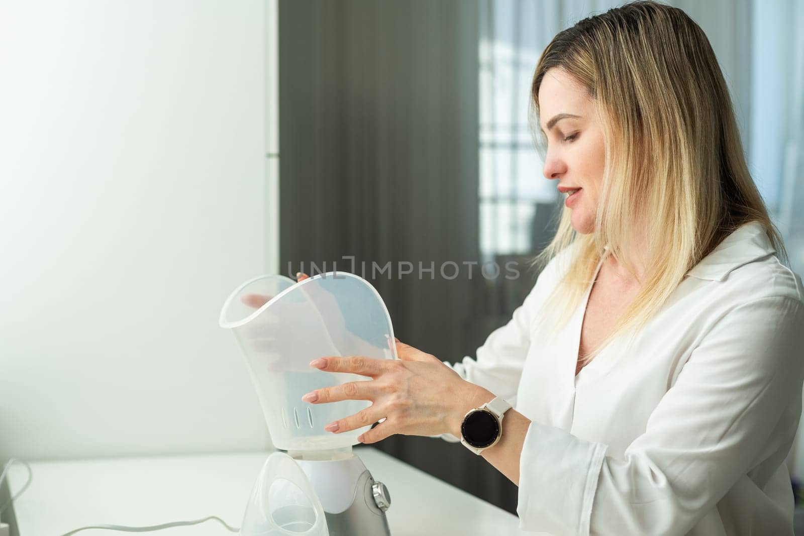 sick middle-aged woman breathing with inhaler portrait. High quality photo