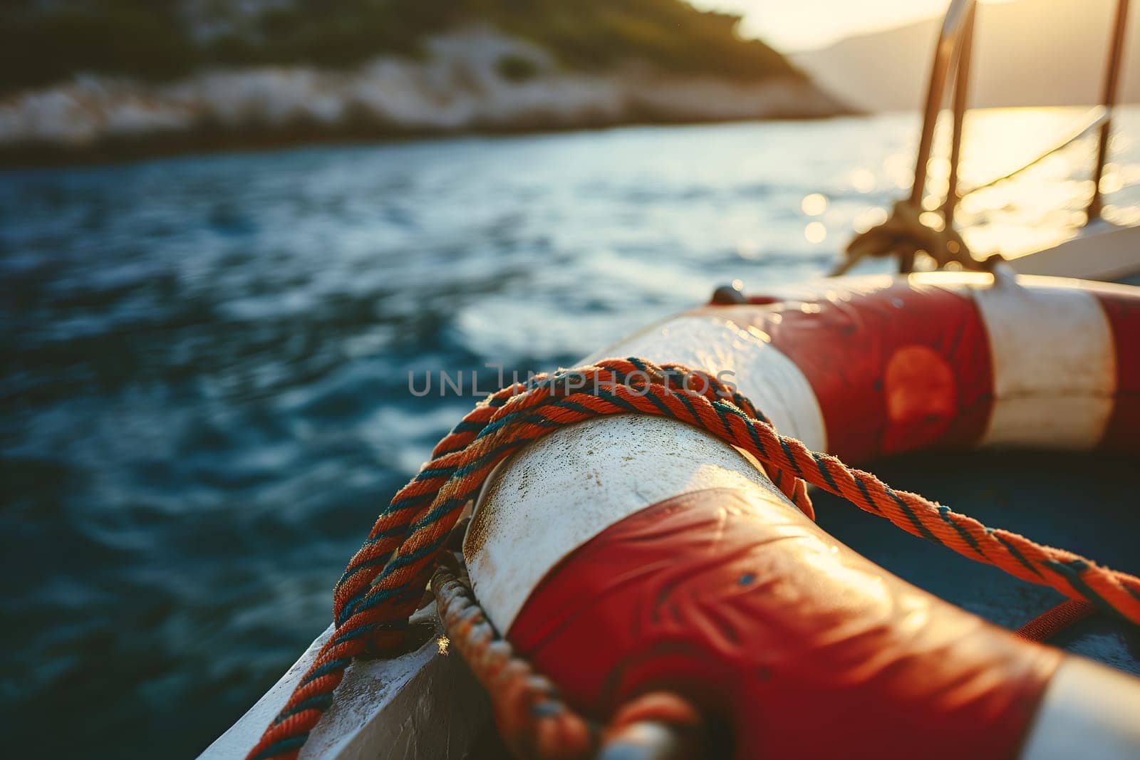 Lifebuoy attached to a ship's board, with the clear blue sea in the background. Neural network generated image. Not based on any actual scene or pattern.