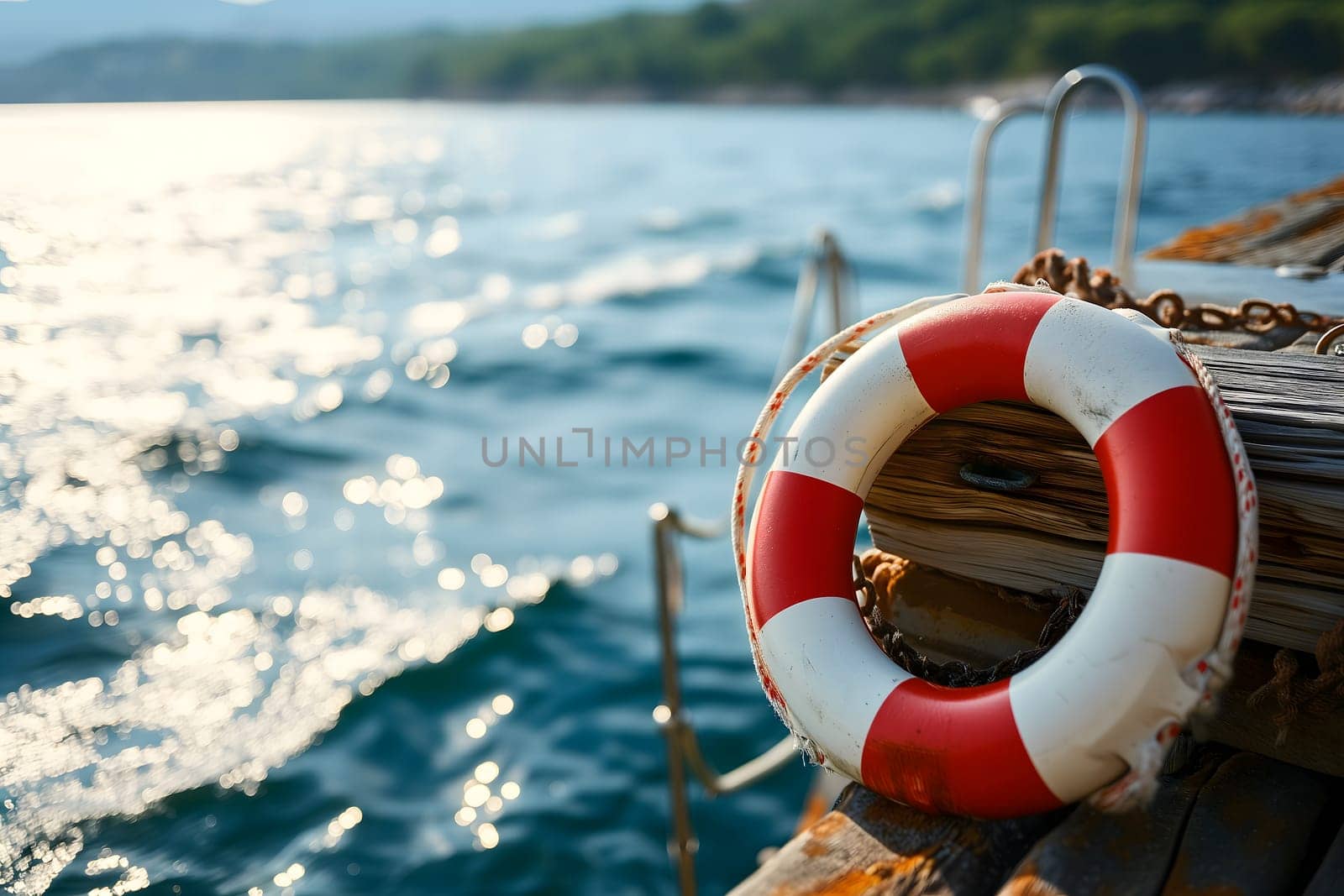 lifebuoy on the pier with clear blue sea in the background. Neural network generated image. Not based on any actual scene or pattern.