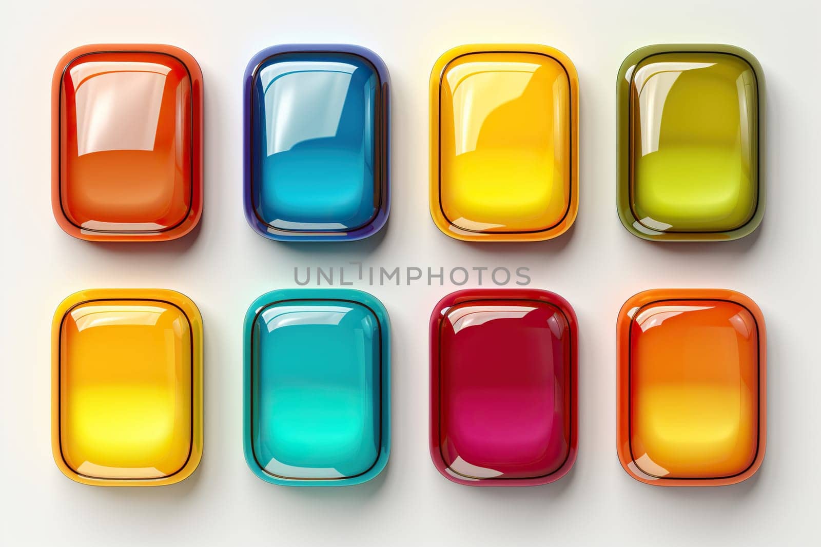 Set of glossy rectangular buttons, icons of different colors on a white background.