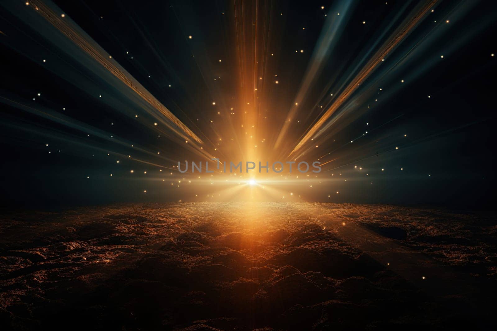 A flash of bright golden rays on the horizon in the dark.