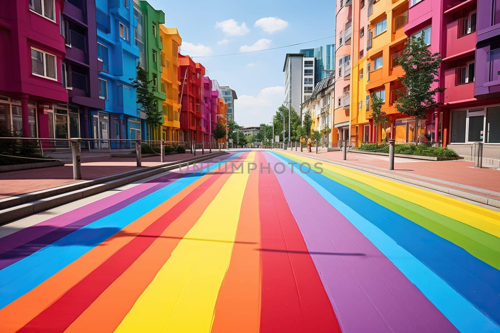 An asphalt road painted with rainbow stripes. LGBT pride symbol.