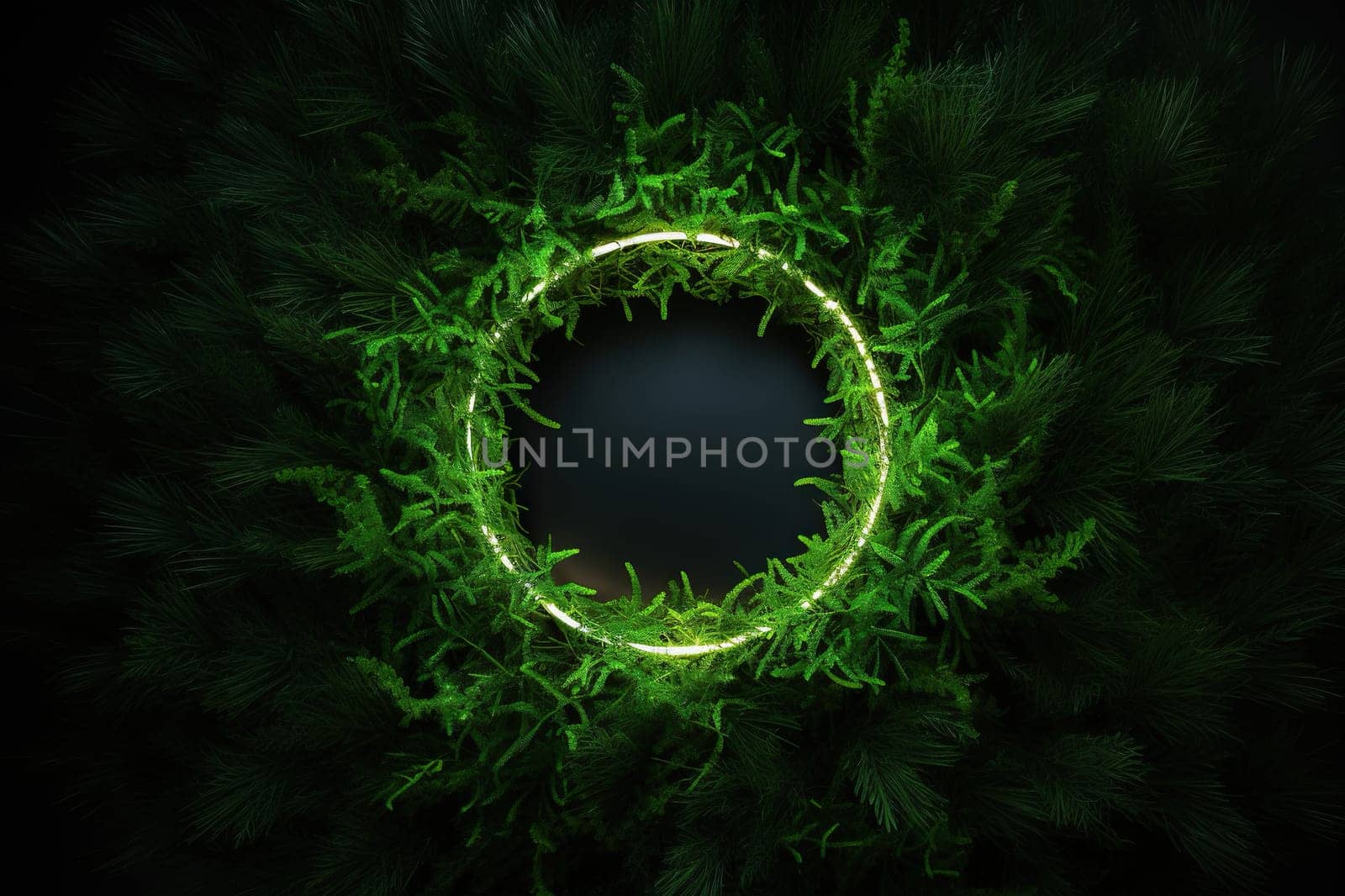A glowing neon circle in the middle of dense greenery in the dark. The concept of ecology, eco products.