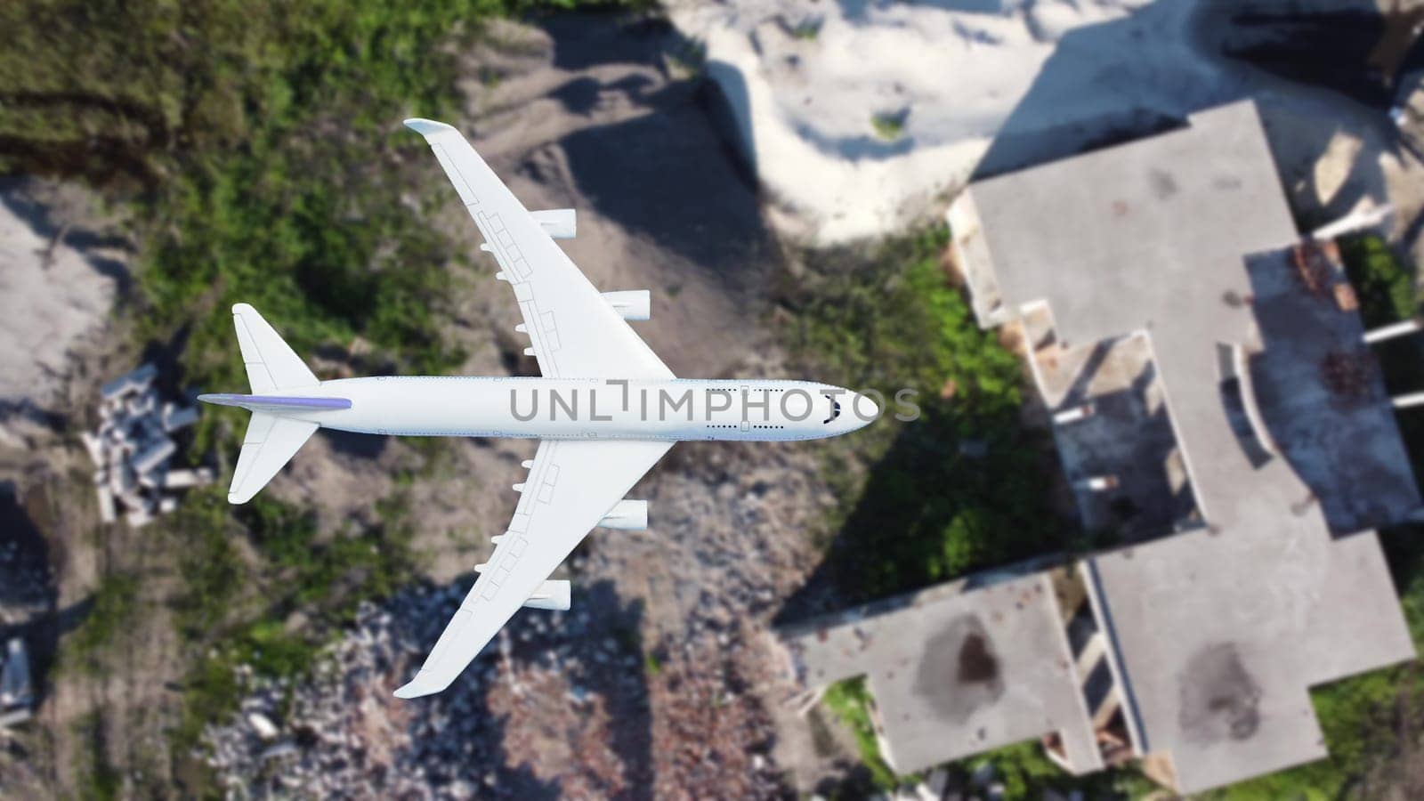 airplane flying over the city.