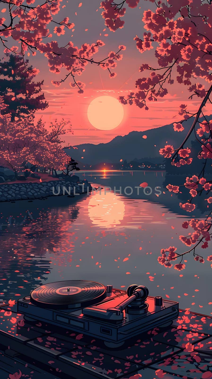 The setting sun casts a warm glow over the tranquil lake, framed by cherry blossom trees. The sky is painted with hues of pink and orange, creating a serene natural landscape at dusk