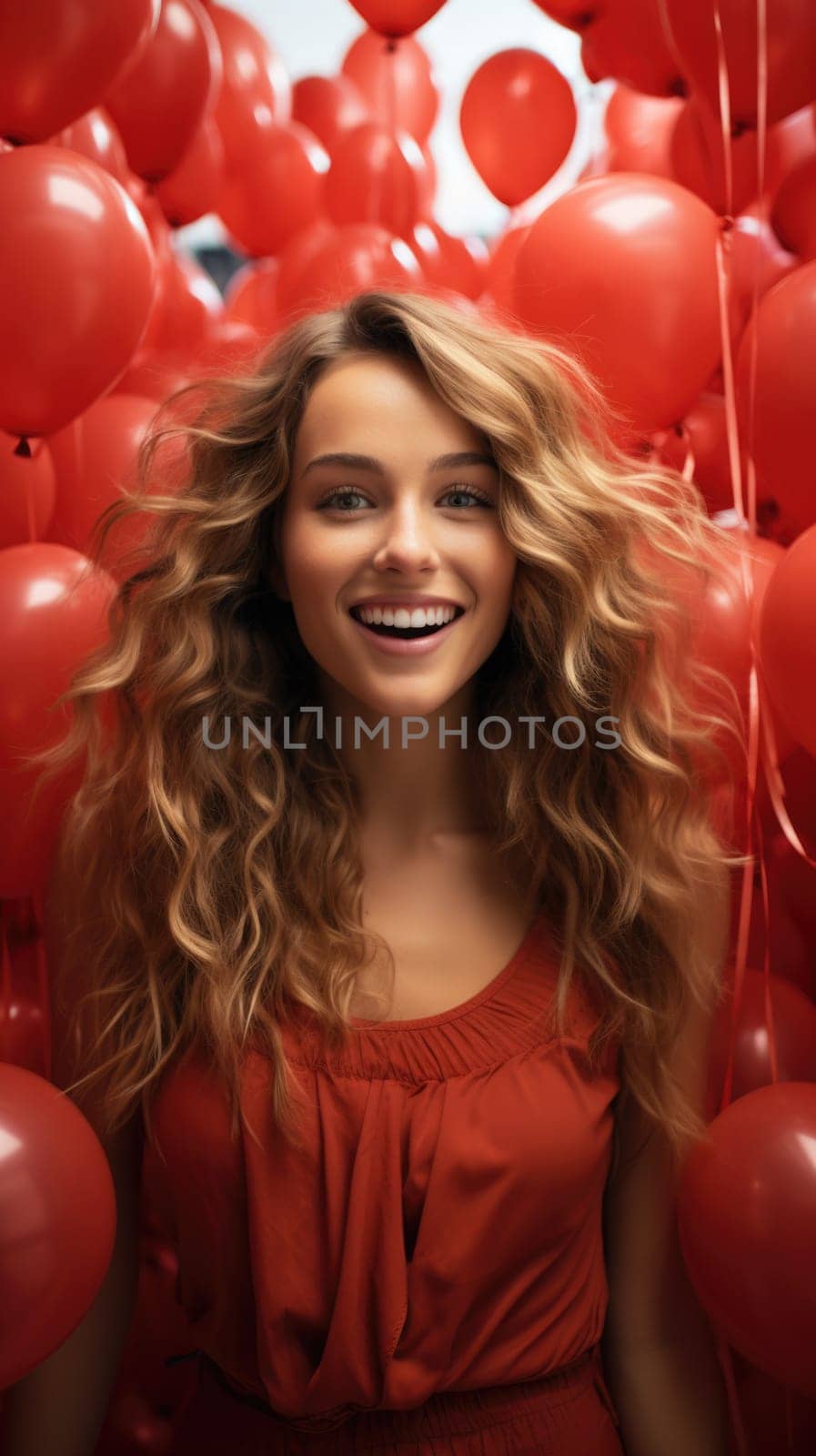 A woman stands in front of a bunch of red balloons in a cheerful celebration setting.