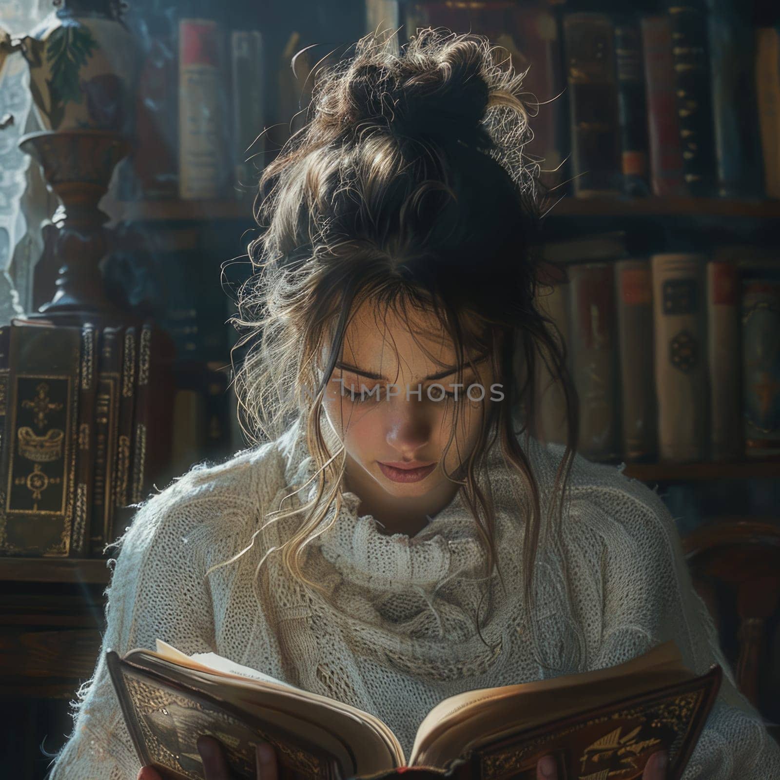 A woman is deeply engrossed in reading a book while seated in a library among rows of bookshelves.