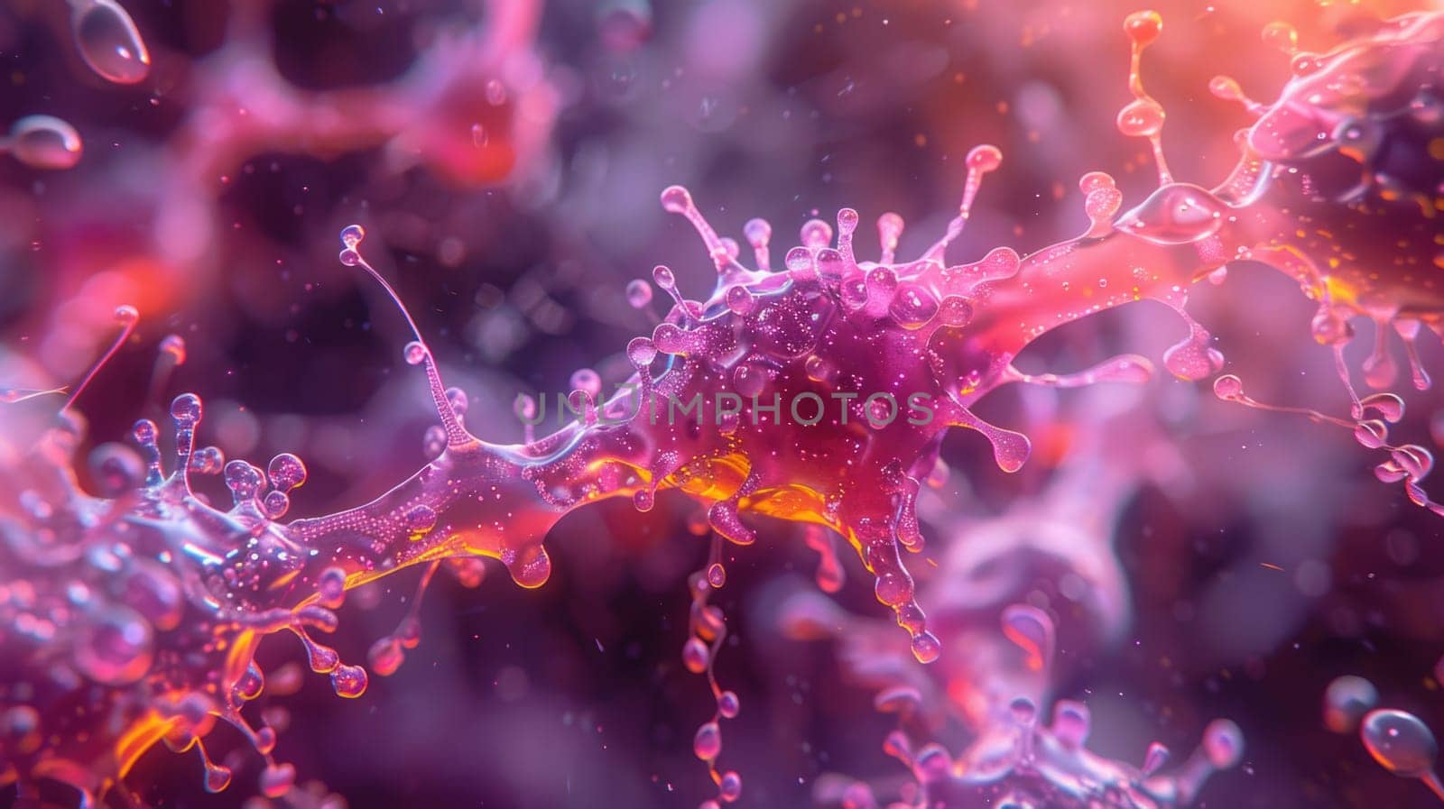 Detailed view of a cellular body displaying a pink and yellow substance, showing intricate patterns and textures.