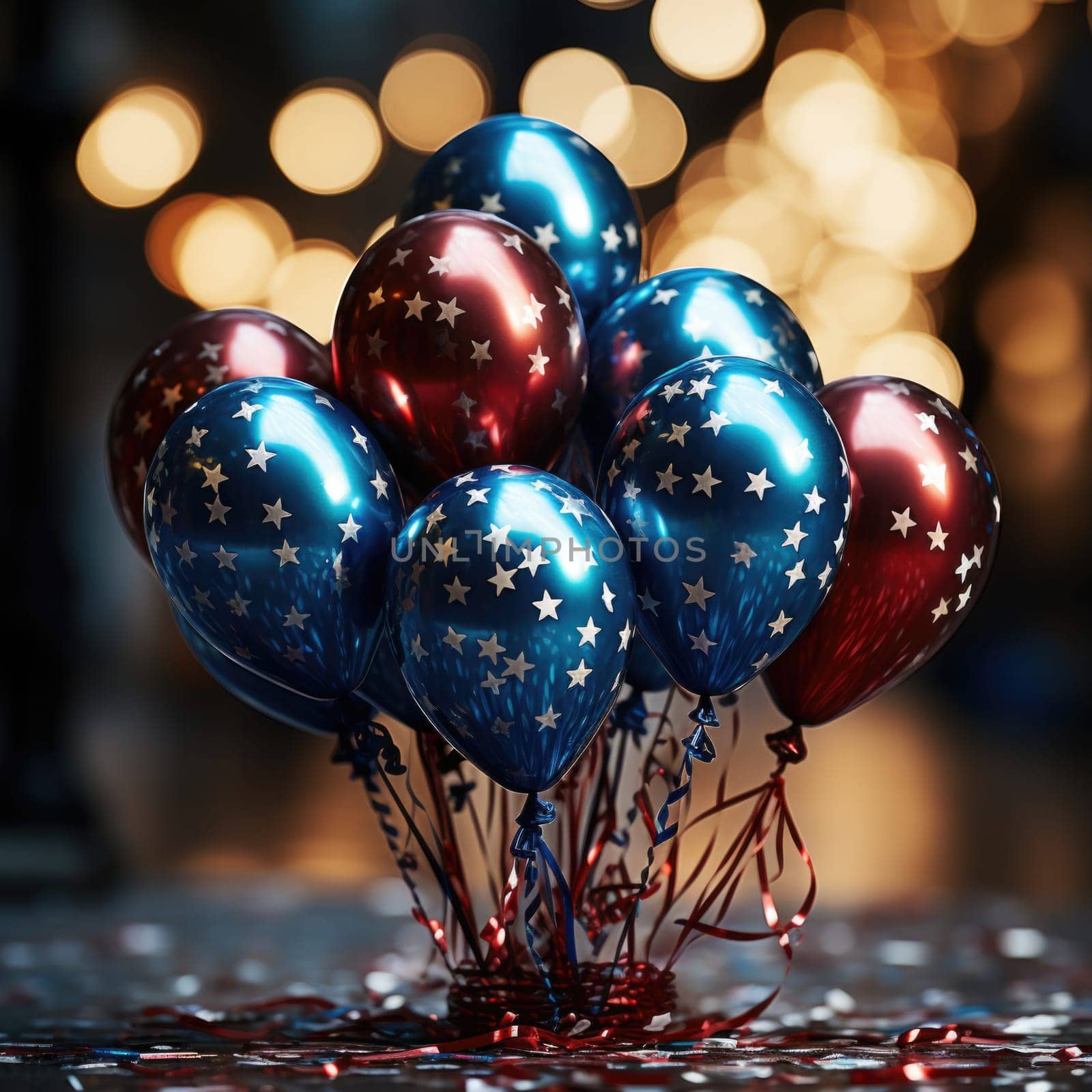 A collection of colorful balloons with patriotic designs arranged neatly on a table, creating a festive and cheerful atmosphere.