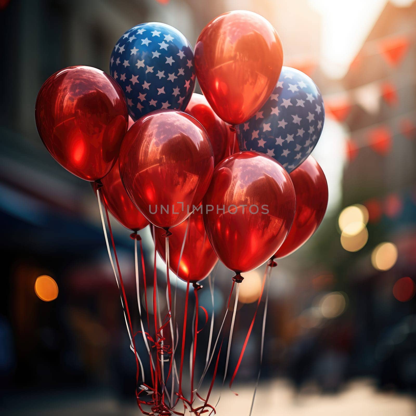 A bunch of red, white, and blue balloons filling a clear vase, creating a patriotic and festive display.