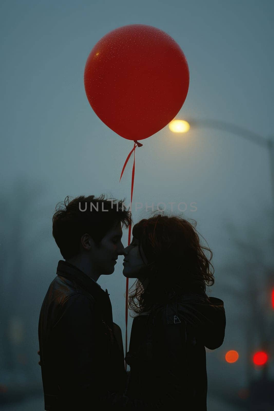 A man and a woman kissing passionately beneath a red balloon in a romantic moment.