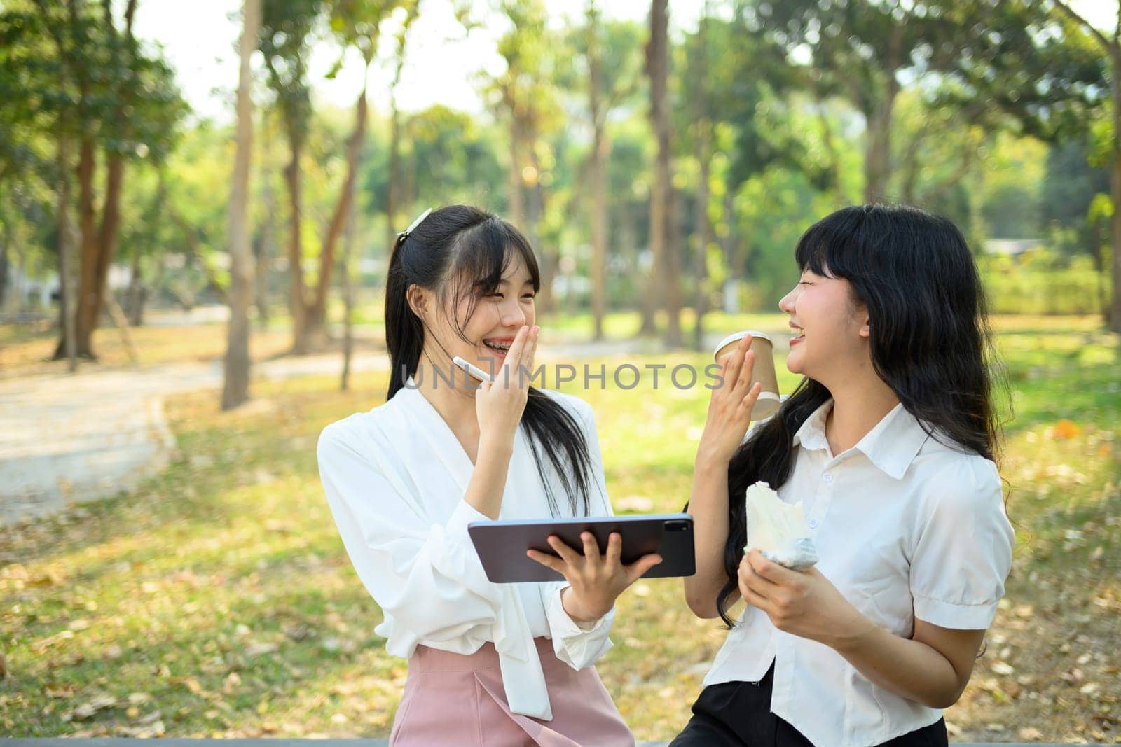 Two happy laughing business colleagues sharing new ideas while sitting on park bench.