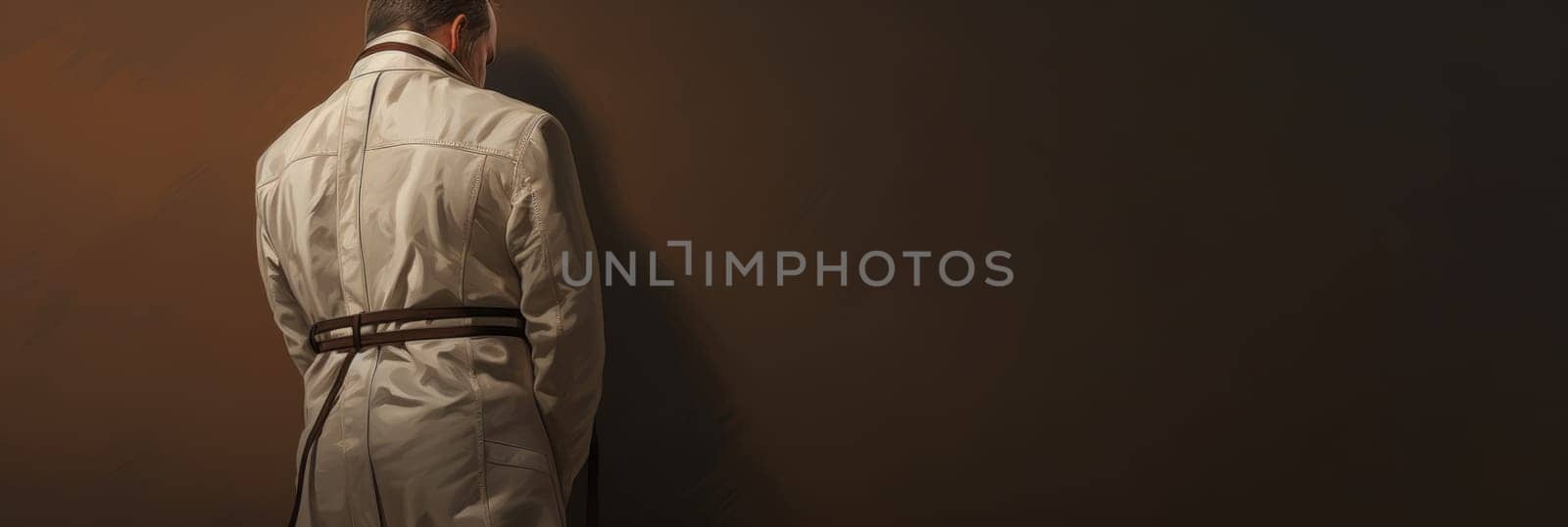 Man in Trench Coat Leaning Against Wall. Generative AI. by but_photo