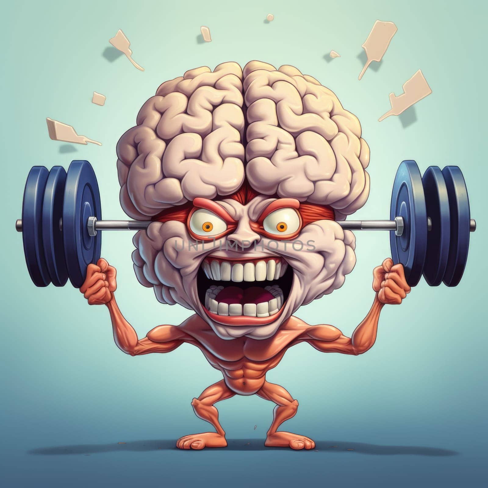 A cartoon depiction of a brain showcasing strength as it lifts a barbell.