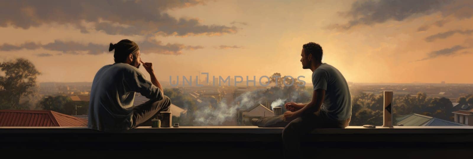 Two men sitting on top of a roof, smoking.