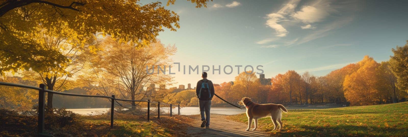 A man is walking a dog on a leash in a park.