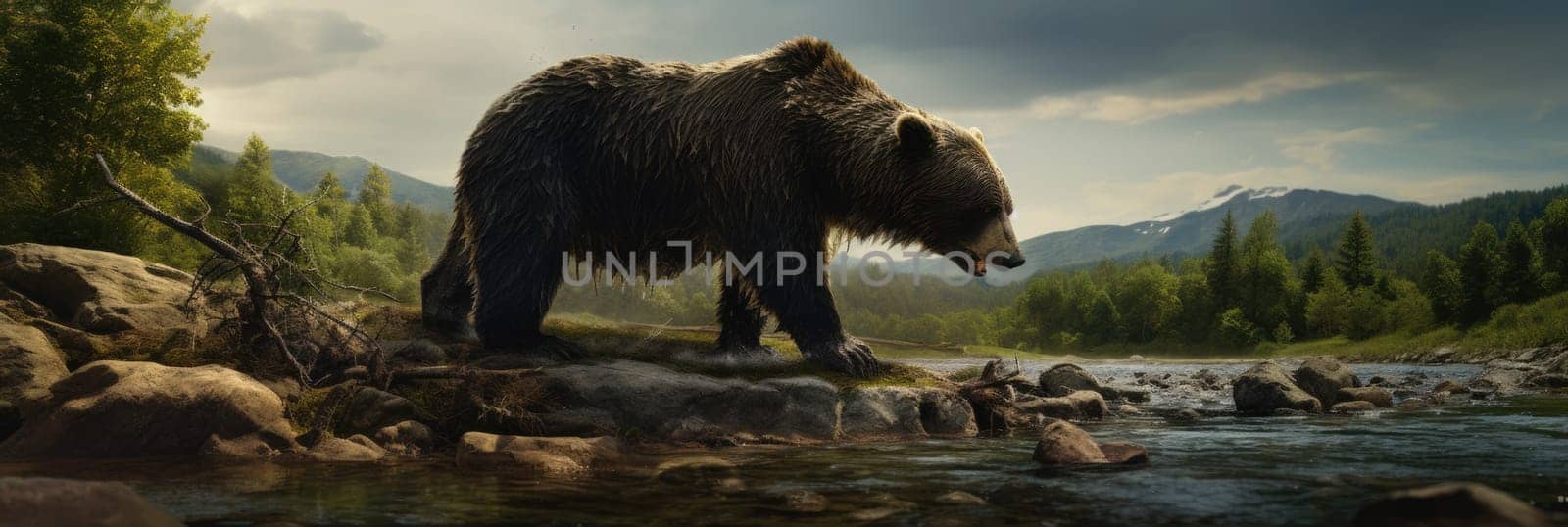 A brown bear confidently strides across a river, with a lush forest providing a scenic backdrop.
