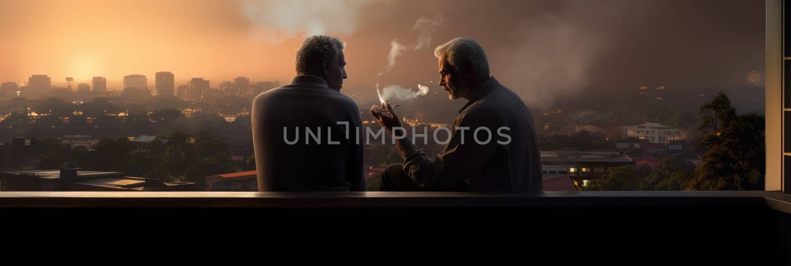 Two men are standing next to each other, smoking, on a balcony.