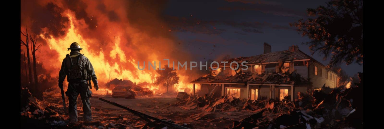 A man bravely stands in front of a raging fire as firefighters work diligently to extinguish it for the safety of all.