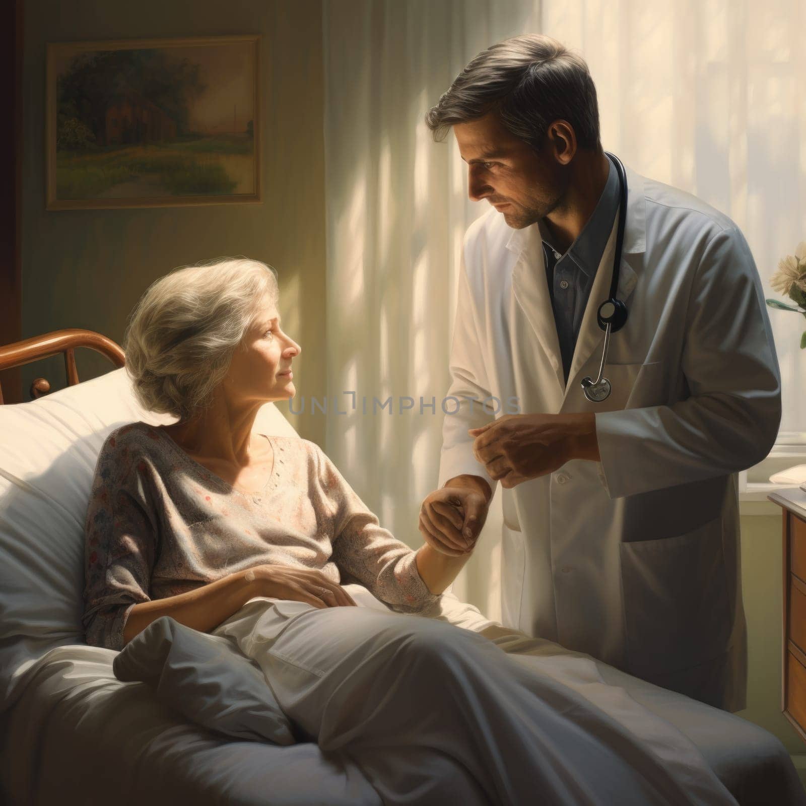 A doctor and a patient standing next to each other in a hospital bed.