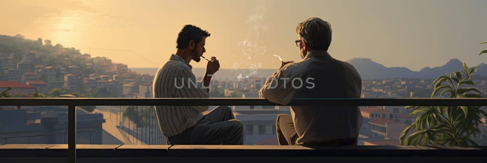 Men Sitting on Balcony Enjoying a Smoke. Generative AI. by but_photo