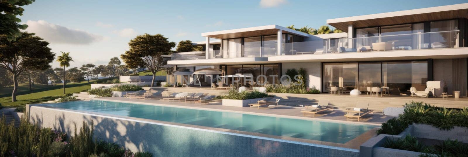 A detailed artists rendering of a luxurious mansion with a stunning swimming pool.