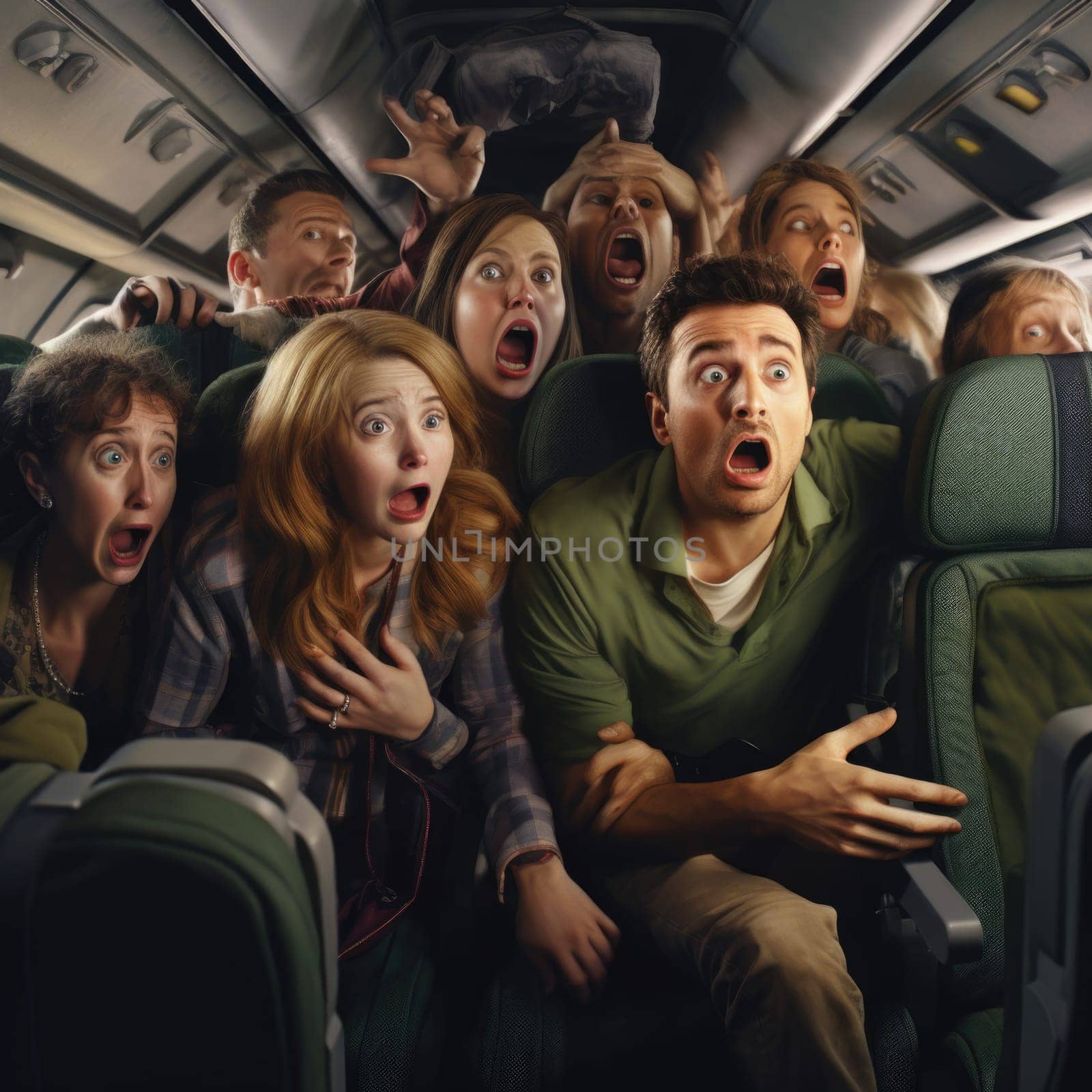 A group of people on an airplane, mouths open, reacting to a serious situation or emergency on the plane.