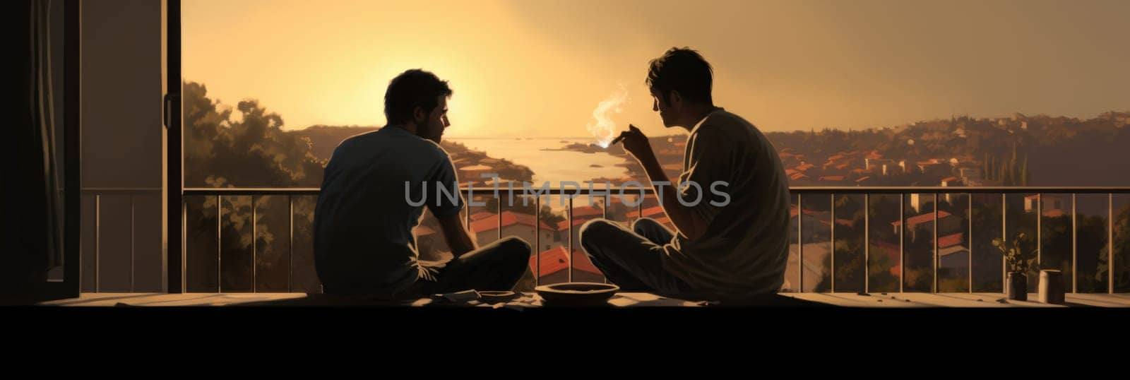 Two men are sitting on top of a balcony, smoking.