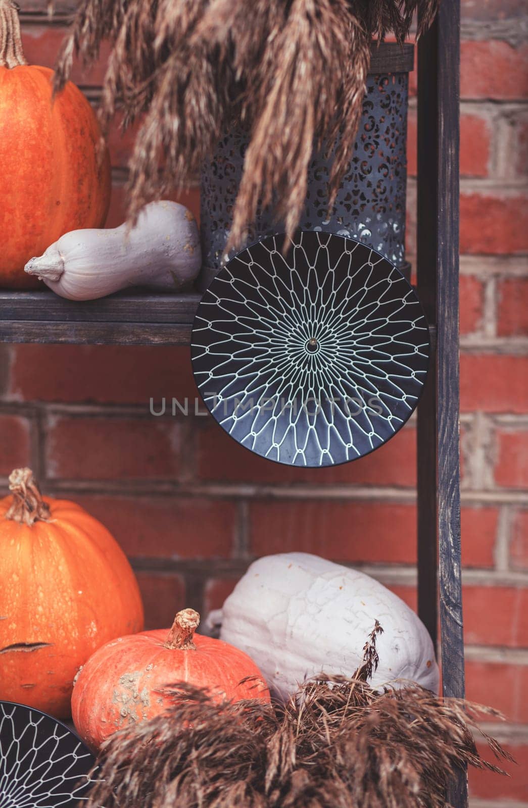 Halloween decorations with pumpkin and other decor elements