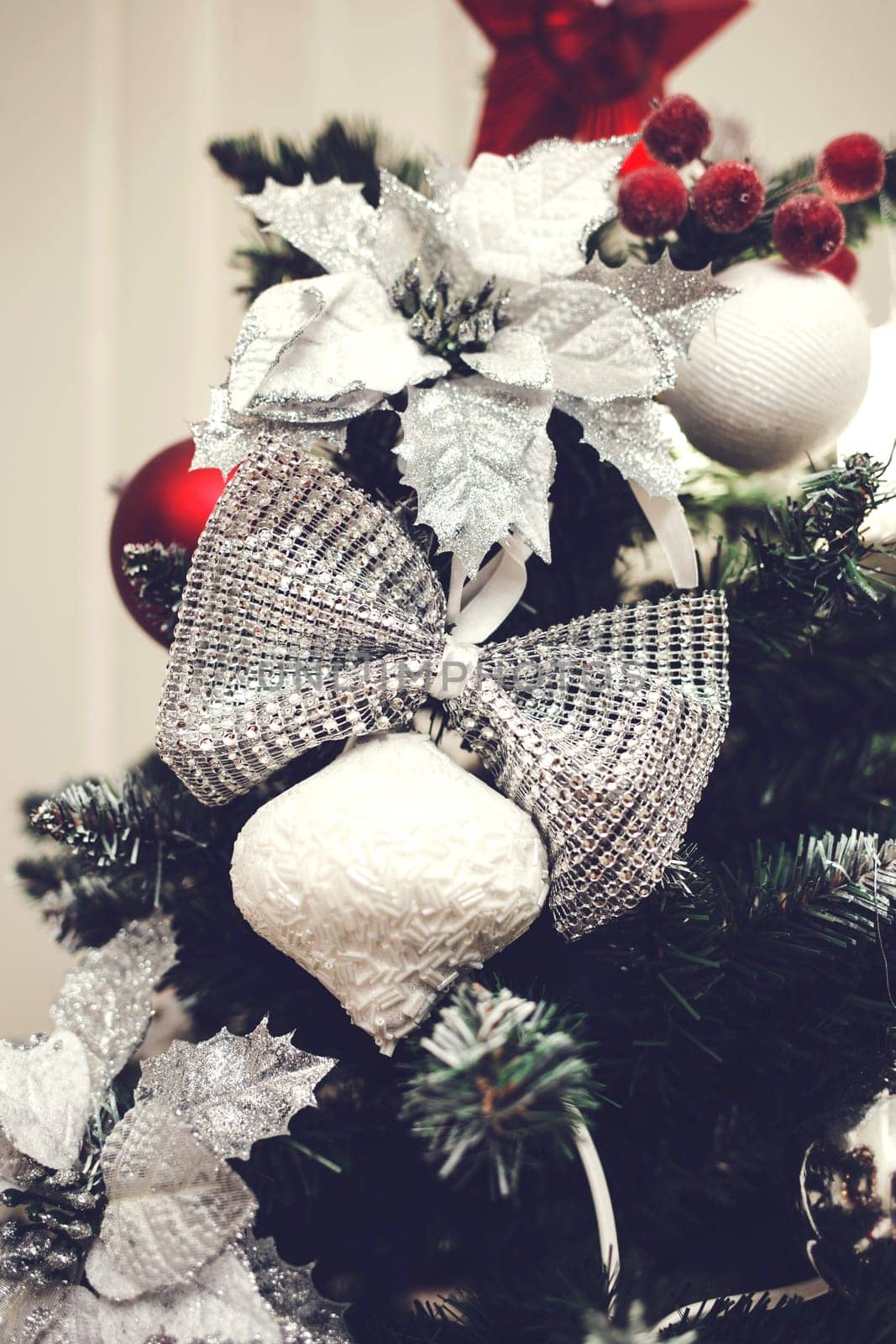 Christmas balls decorated with spruce branches