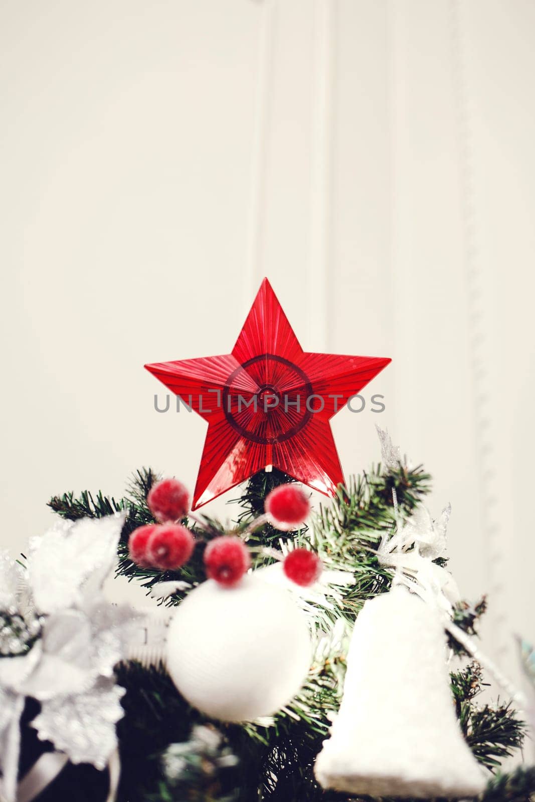Red star christmas decoration on christmas tree 