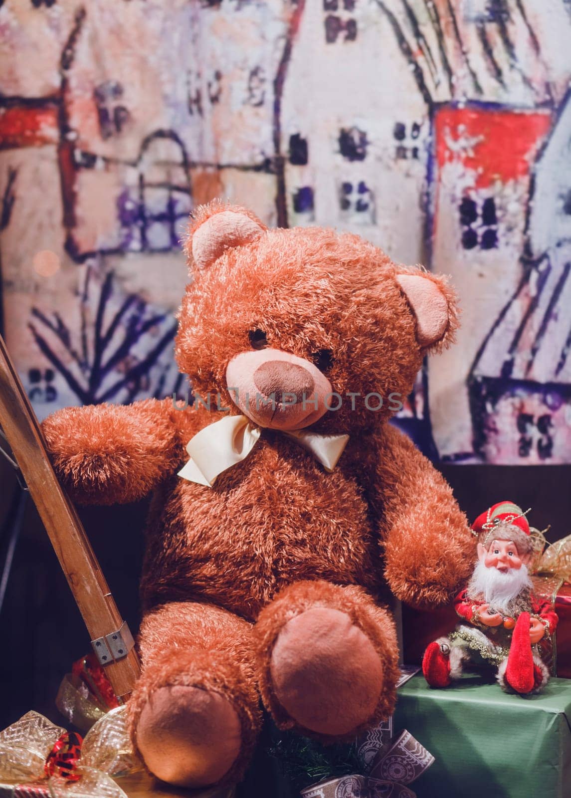 Teddy bear in the shop window. Valentine's day gift