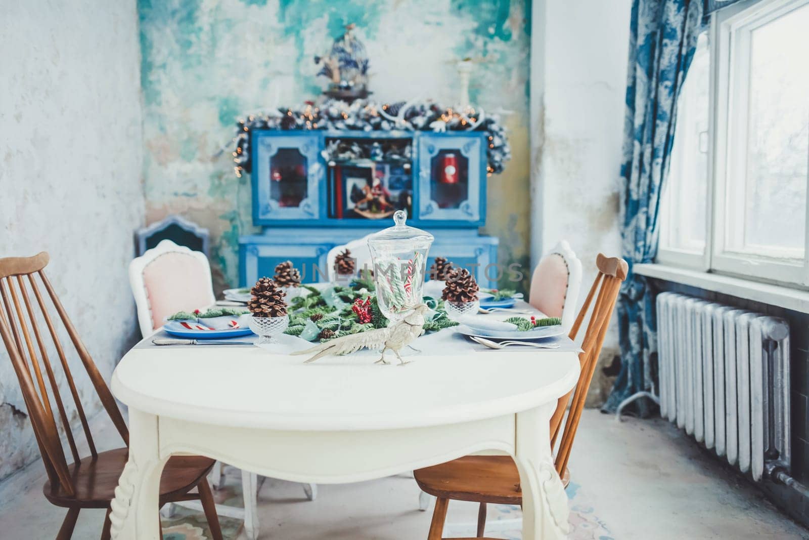 Interior vintage bright kitchen with Christmas decor