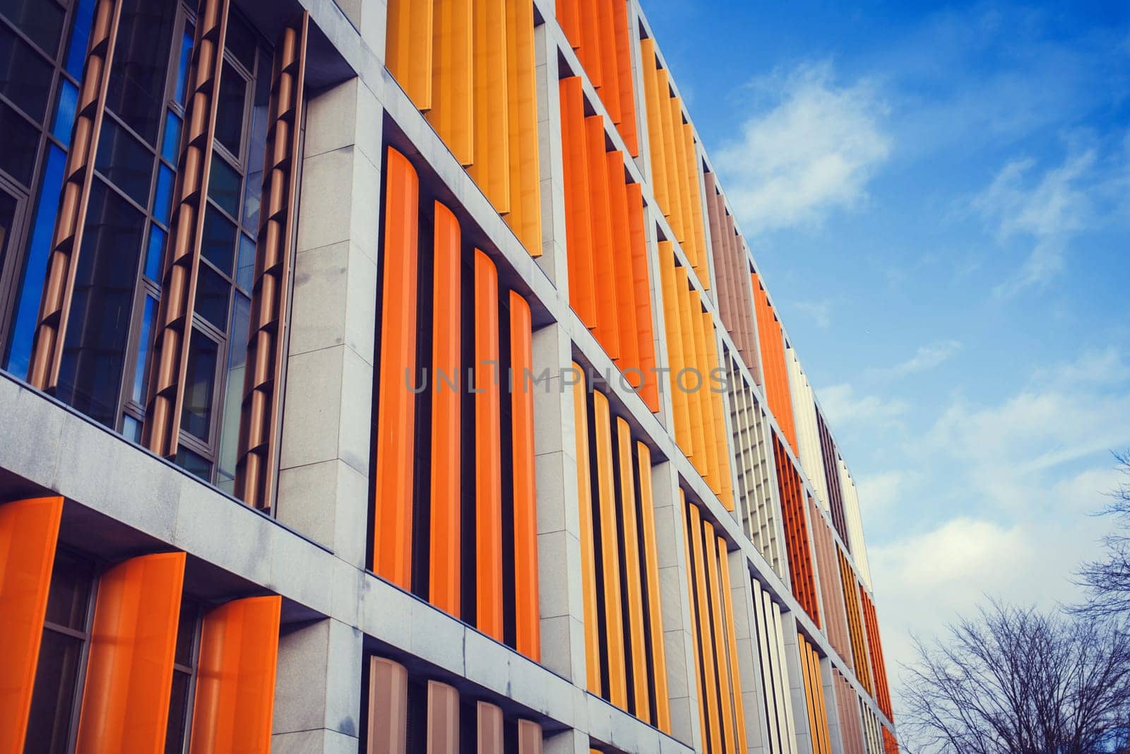 modern exterior of a colorful office building in Riga, Latvia