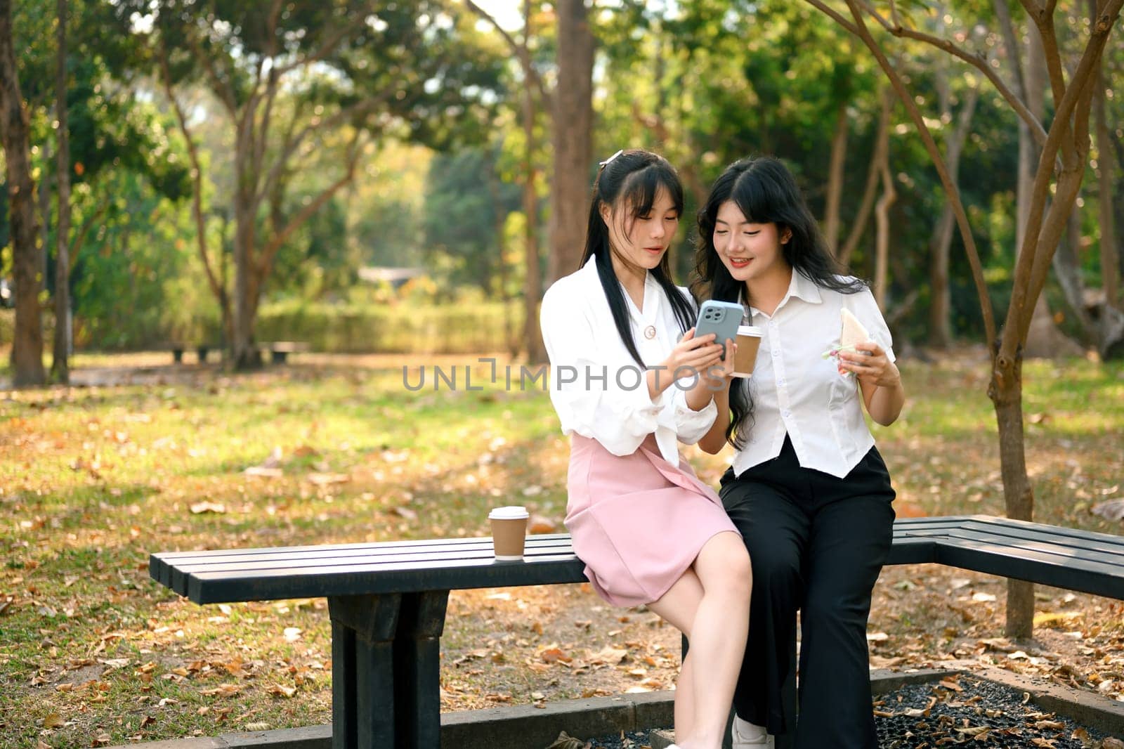 Happy smiling female friends sitting in park bench and looking at mobile phone.