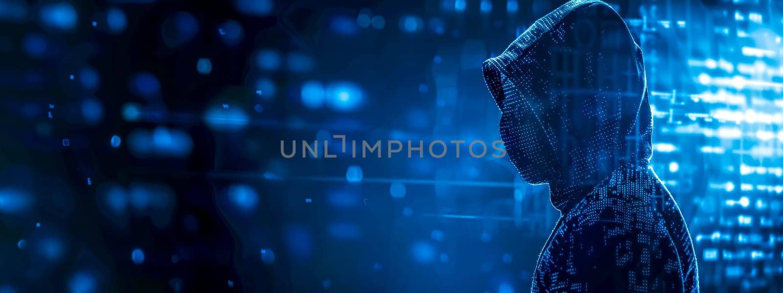 Cyber security concept with hooded figure, copy space by Edophoto